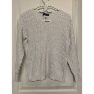 Karen Scott Cable Knit Sweater White‎ V-neck Preppy